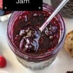 Pinterest image with photo of Mixed Berry Jam.
