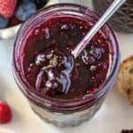 Pinterest image with photo of Mixed Berry Jam.