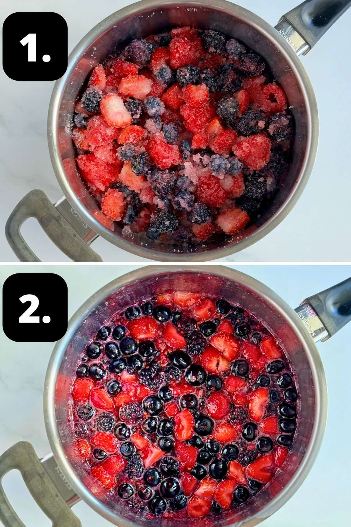 Steps 1-2 of preparing this recipe: the ingredients in a saucepan and the mixed once it has started to cook.