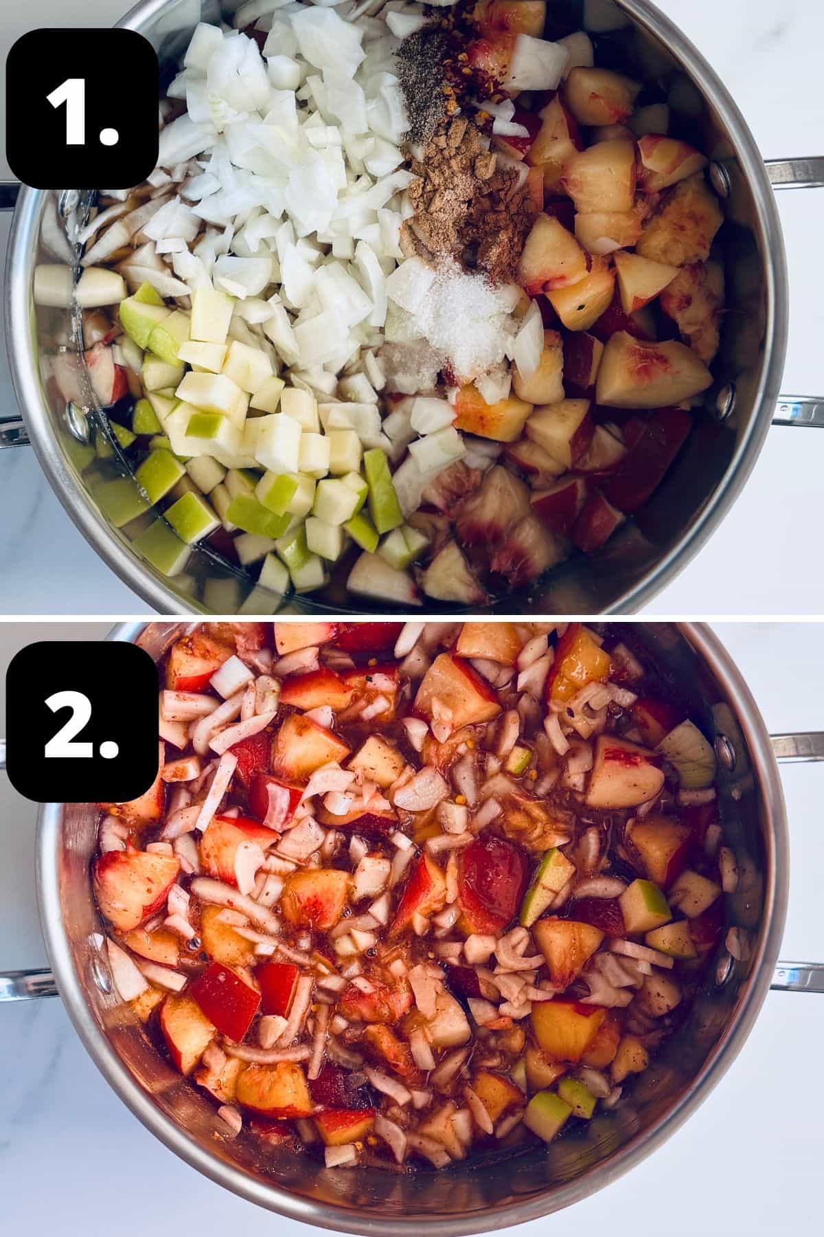 Steps 1-2 of preparing this recipe: the ingredients in a large saucepan and the mixture combined ready to simmer.
