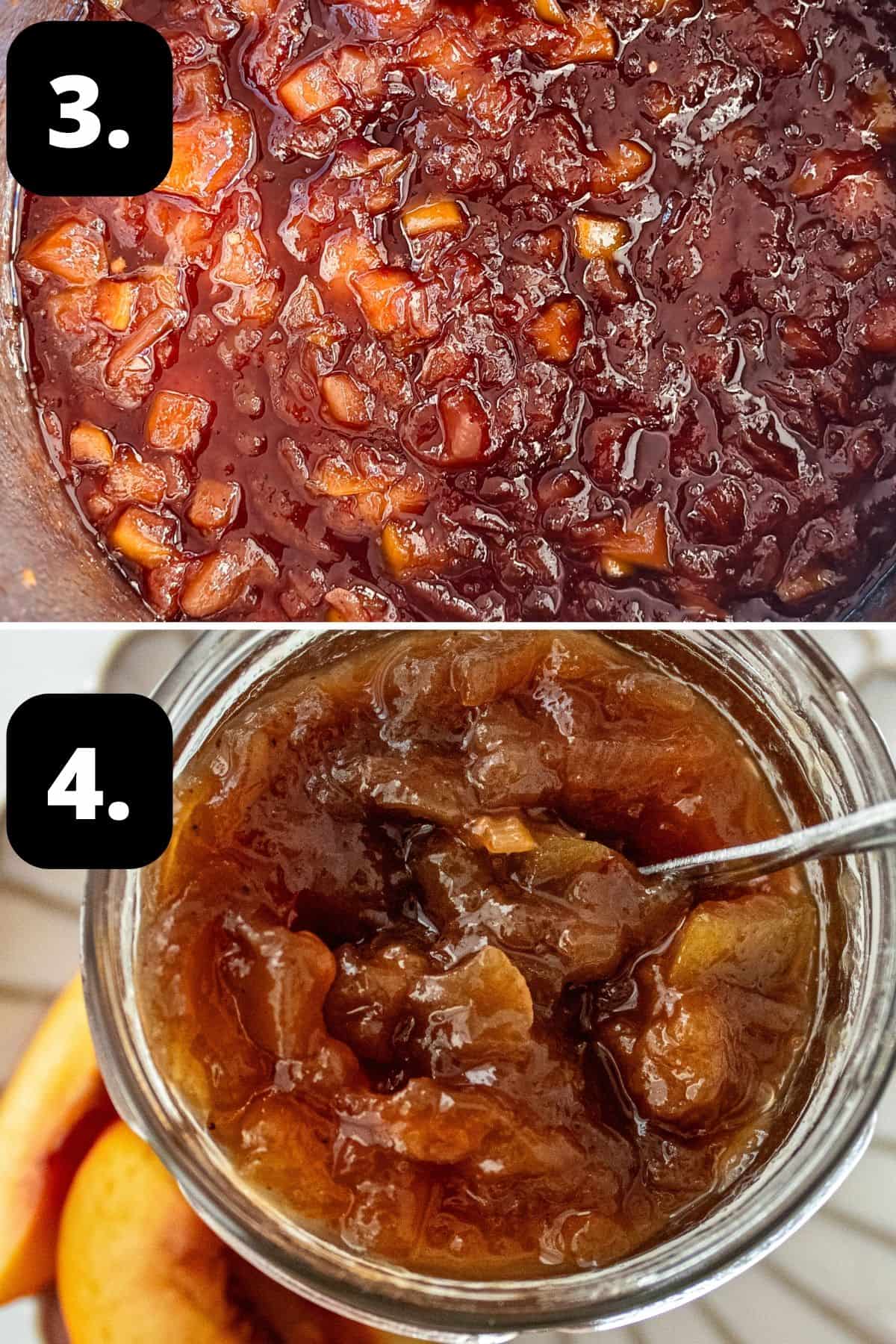 Steps 3-4 of preparing this recipe: the cooked chutney in the saucepan and in a glass jar.