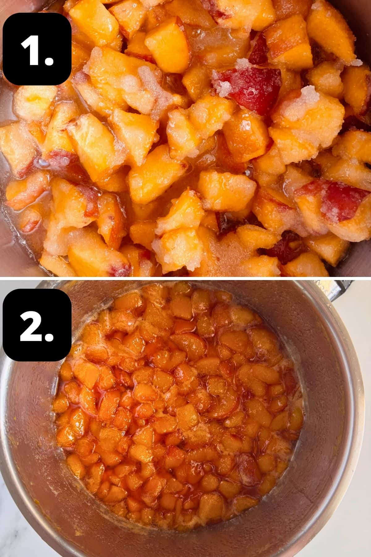 Steps 1-2 of preparing this recipe: the ingredients in a saucepan and the mixture cooked down.