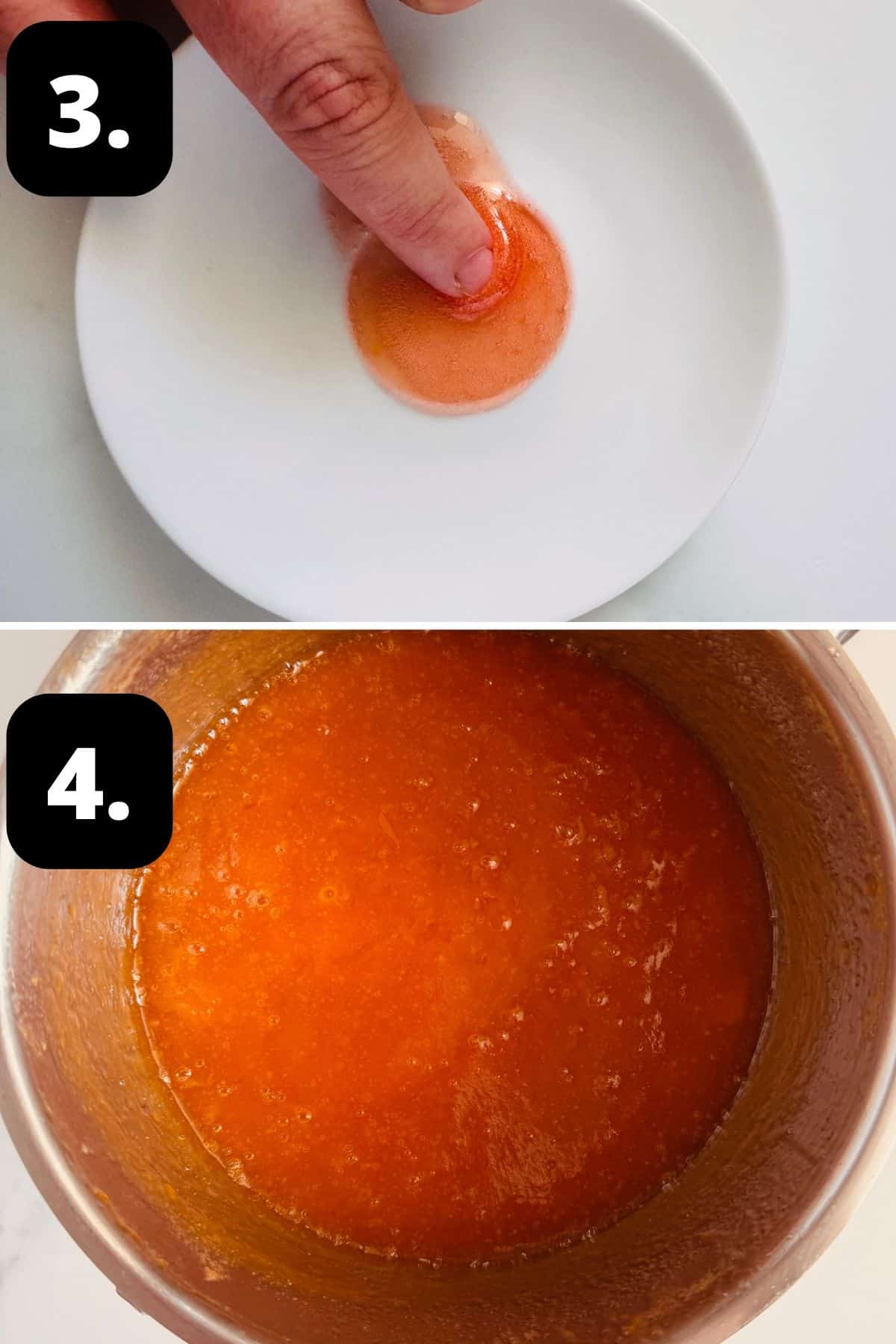 Steps 3-4 of preparing this recipe: testing for the setting point of jam and the cooked and blended jam in a saucepan.