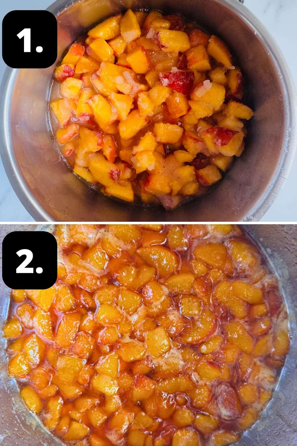 Steps 1-2 of preparing this recipe: the ingredients in a saucepan and the mixture cooked down.