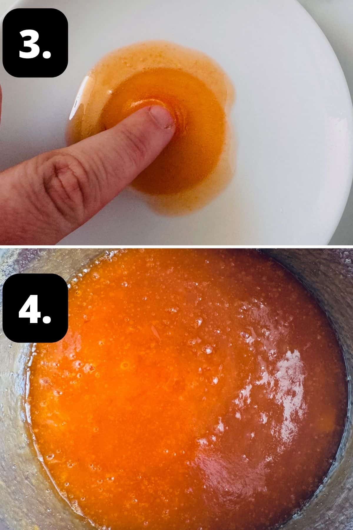 Steps 3-4 of preparing this recipe: testing for the setting point of jam and the cooked and blended jam in a saucepan.