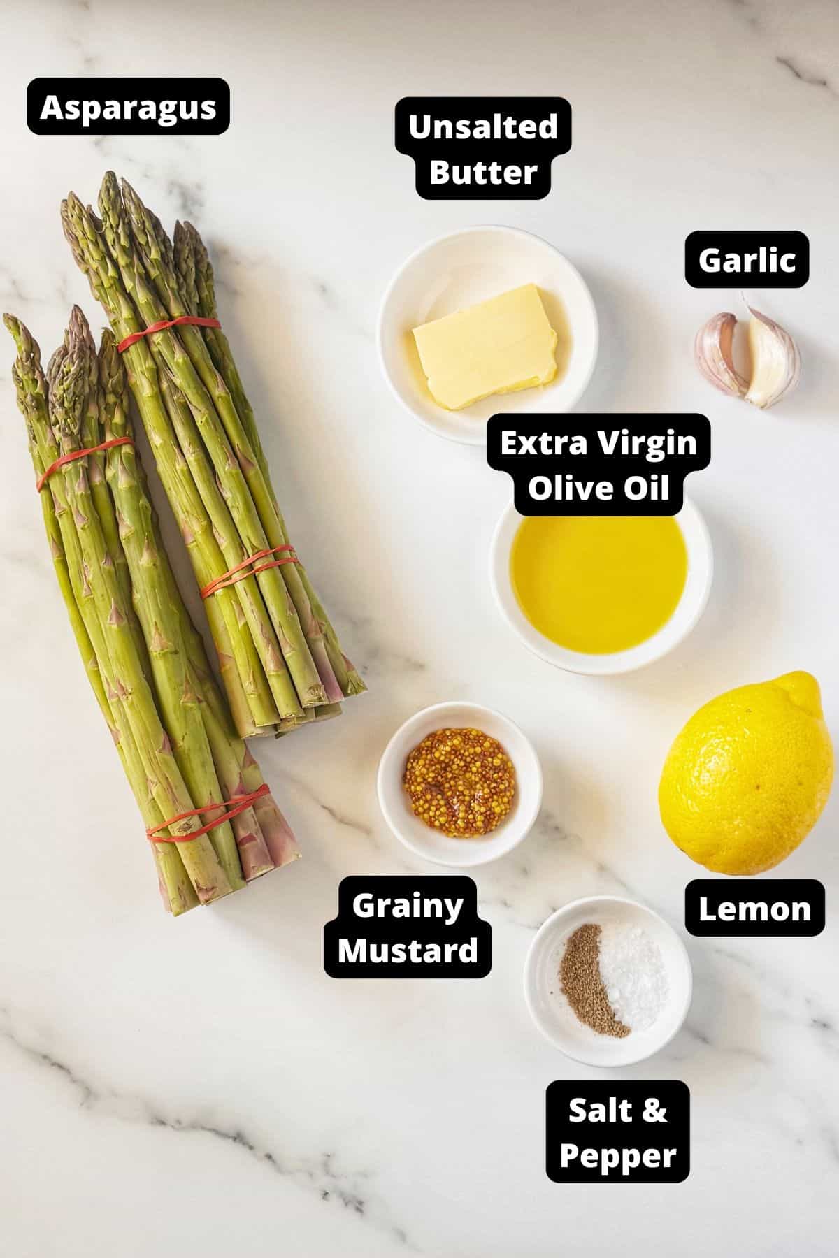 Ingredients in this recipe on a white marble background.