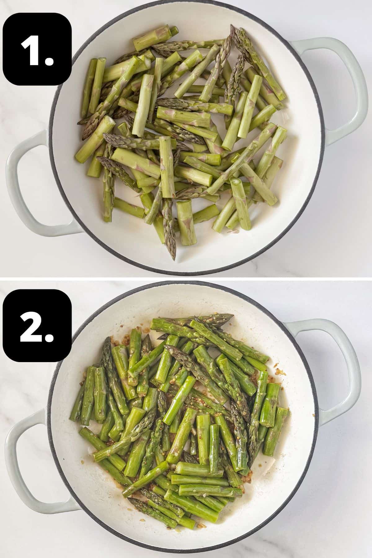Steps 1-2 of preparing this recipe: the asparagus in a frying pan and the cooked mixture that has been seasoned.