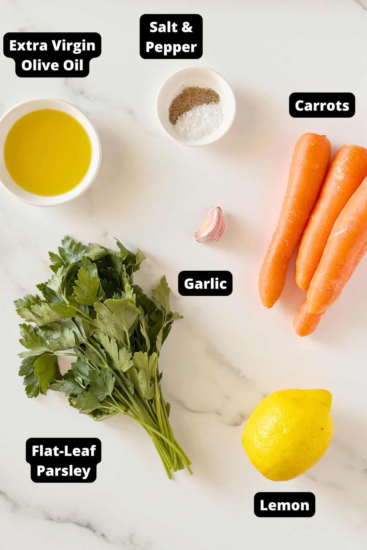 Ingredients in this recipe on a white marble background.