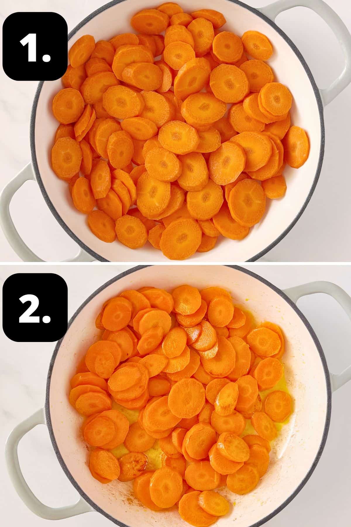 Steps 1-2 of preparing this recipe: the chopped carrots in the pan and the cooked carrots ready for serving.