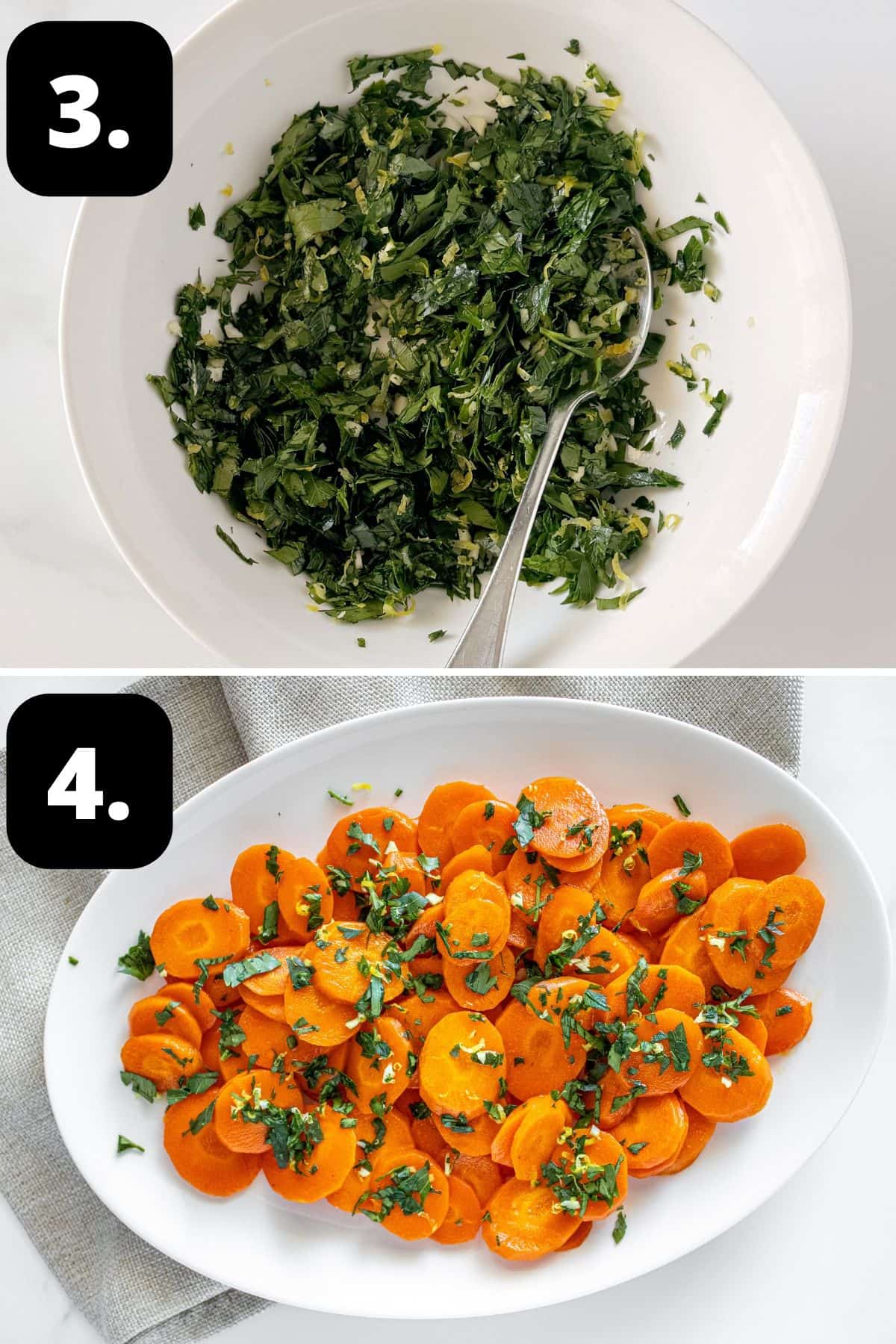 Steps 3-4 of preparing this recipe: preparing the gremolata in a small bowl and serving the carrots with the gremolata.
