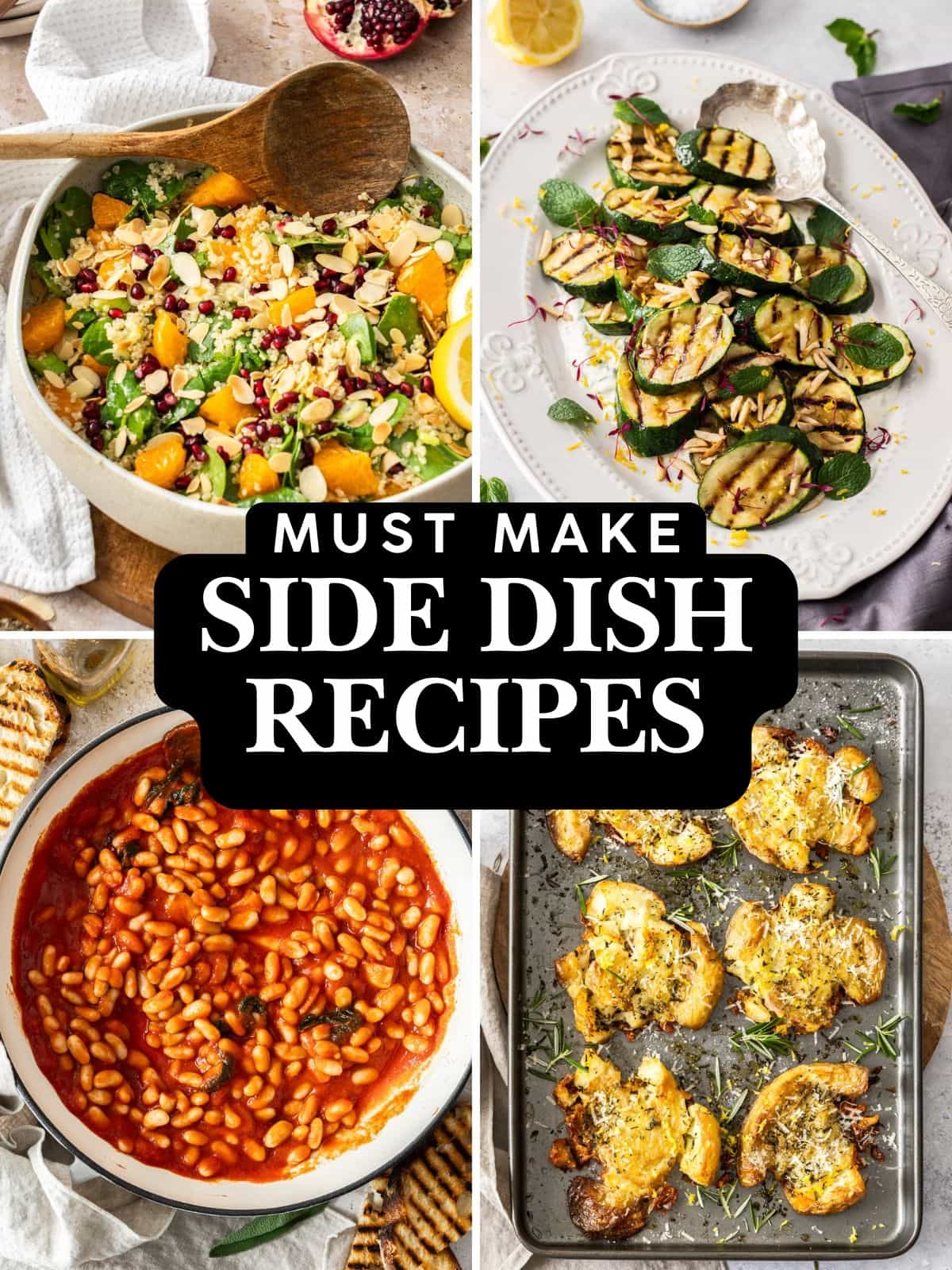 Photo collage of four side dishes: quinoa spinach salad, grilled zucchini, stewed beans and smashed potatoes.