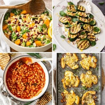 Photo collage of four side dishes: quinoa spinach salad, grilled zucchini, stewed beans and smashed potatoes.