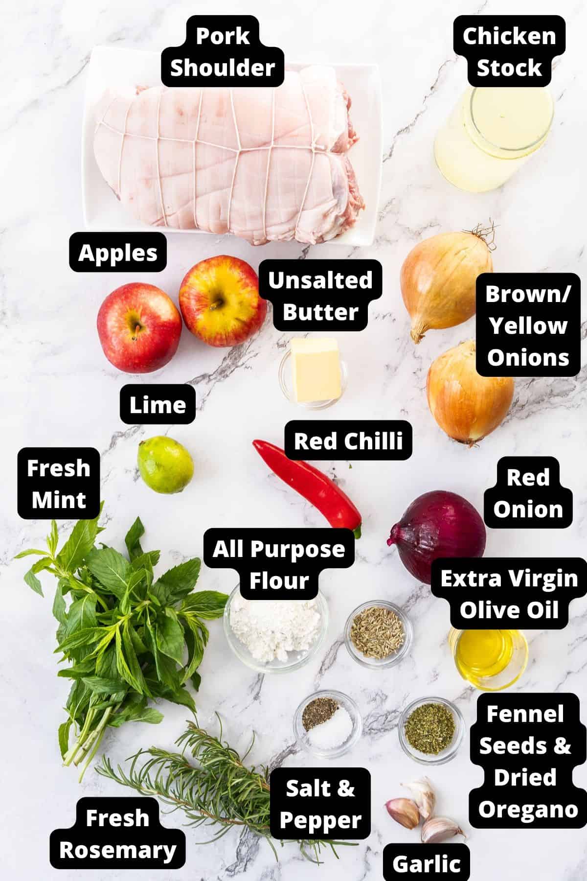 Ingredients in this recipe on a white marble background.