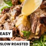 Pinterest image with photo of Slow Roasted Pork Shoulder.