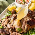 Pinterest image with photo of Slow Roasted Pork Shoulder.