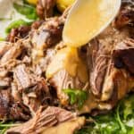 Pinterest image with photo of Slow Roasted Pork Shoulder.
