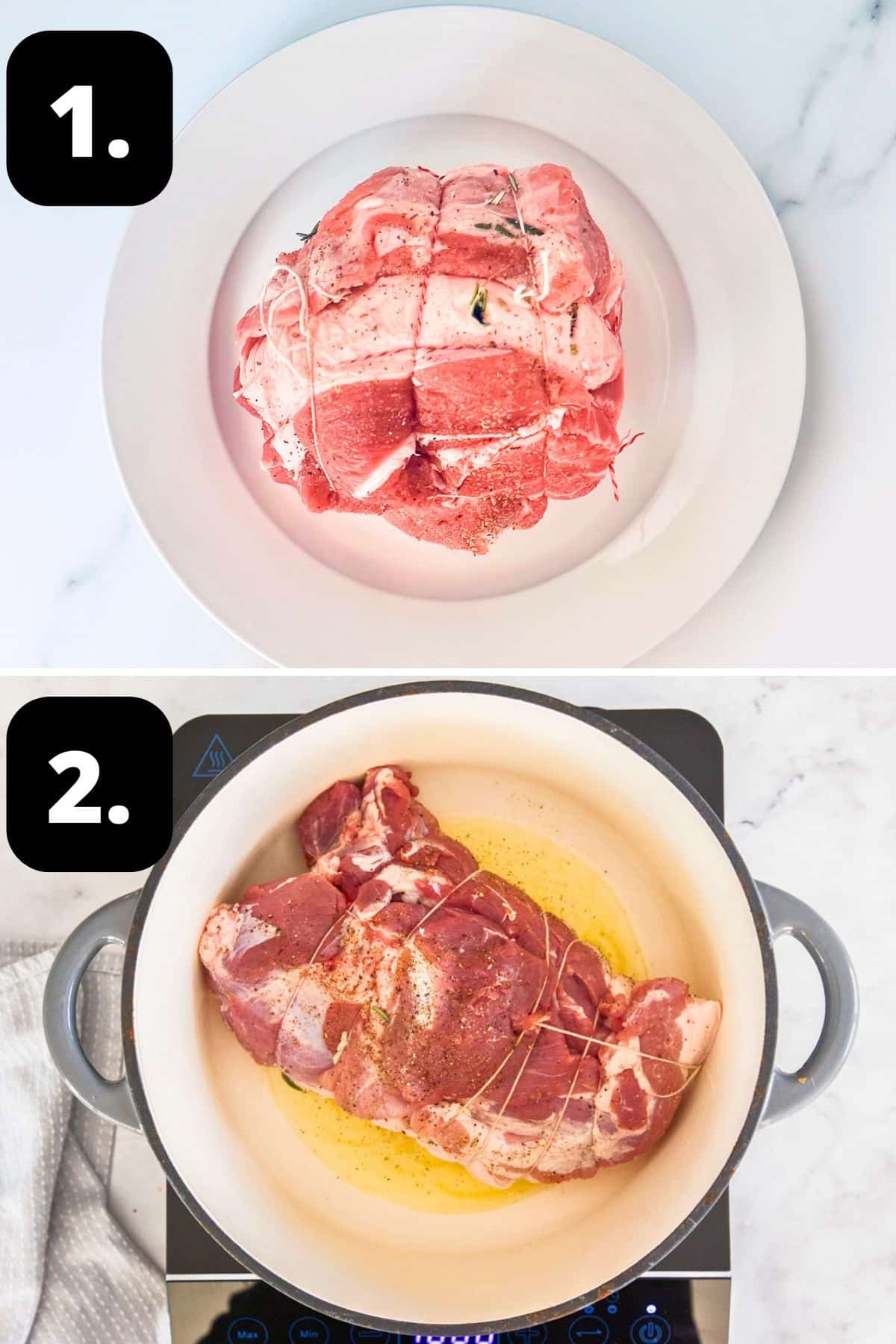 Steps 1-2 of preparing this recipe: the seasoned pork on a plate and browning the meat in a large saucepan.