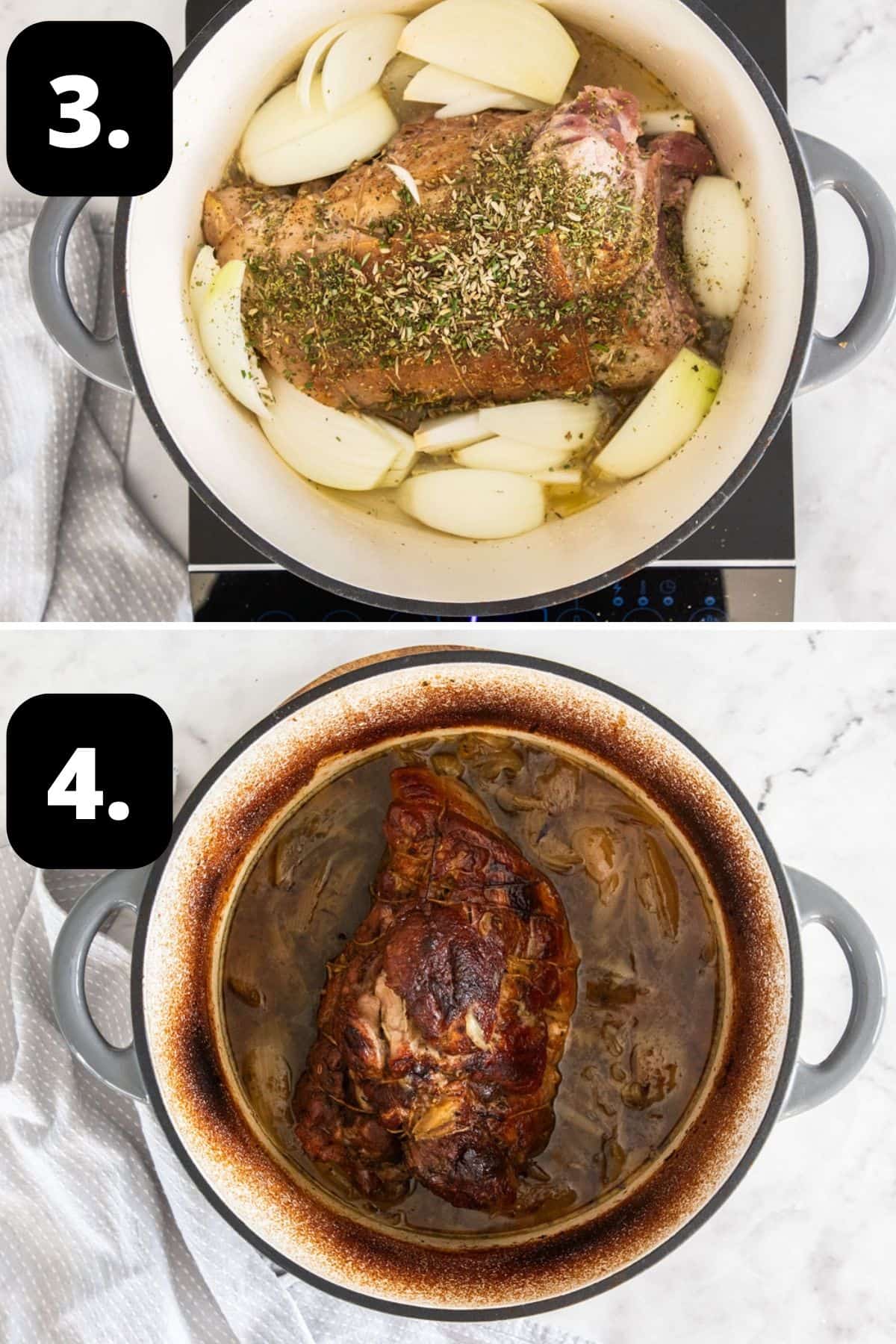 Steps 3-4 of preparing this recipe: adding the seasonings around the browned meat, and the pork after cooking.