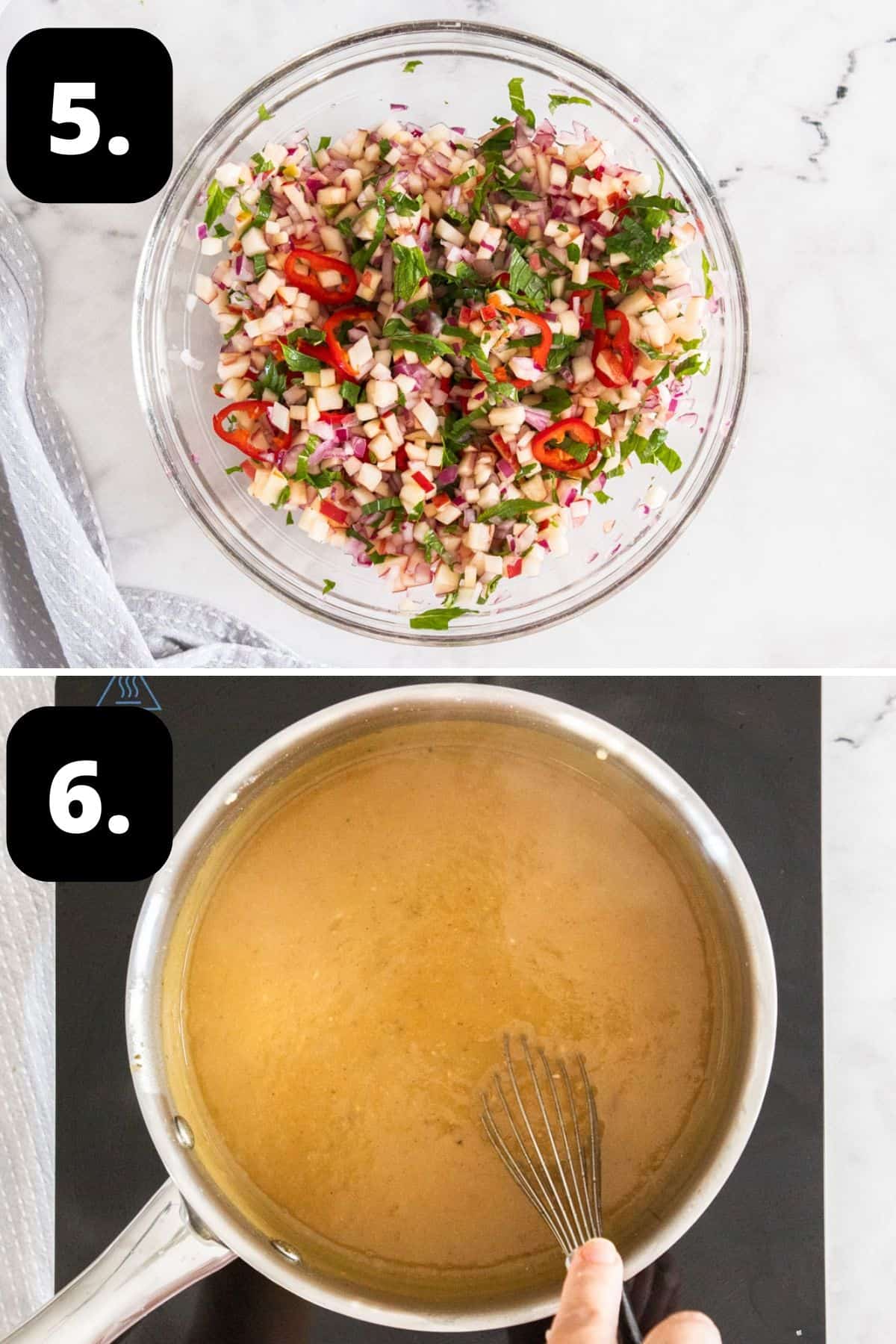 Steps 5-6 of preparing this recipe: preparing the apple salad in a small bowl and making the gravy in a saucepan.