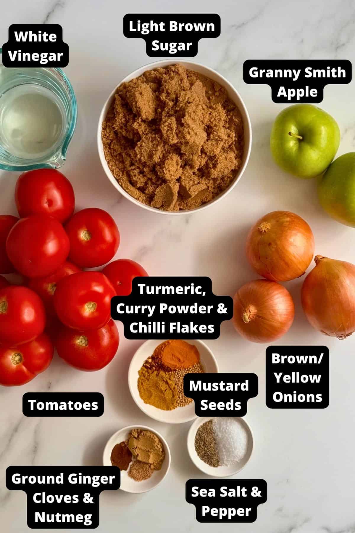 Ingredients in this recipe on a white marble background.