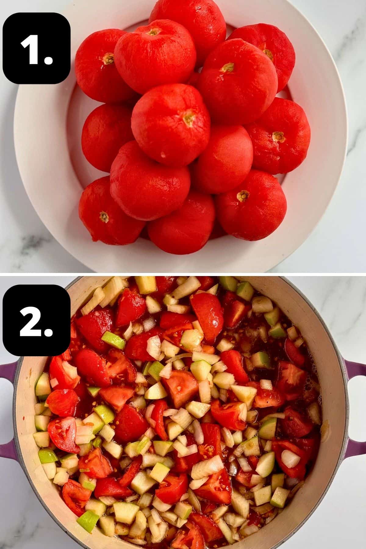 Steps 1-2 of preparing this recipe: the peeled tomatoes on a plate and the ingredients for the chutney in a large pot.