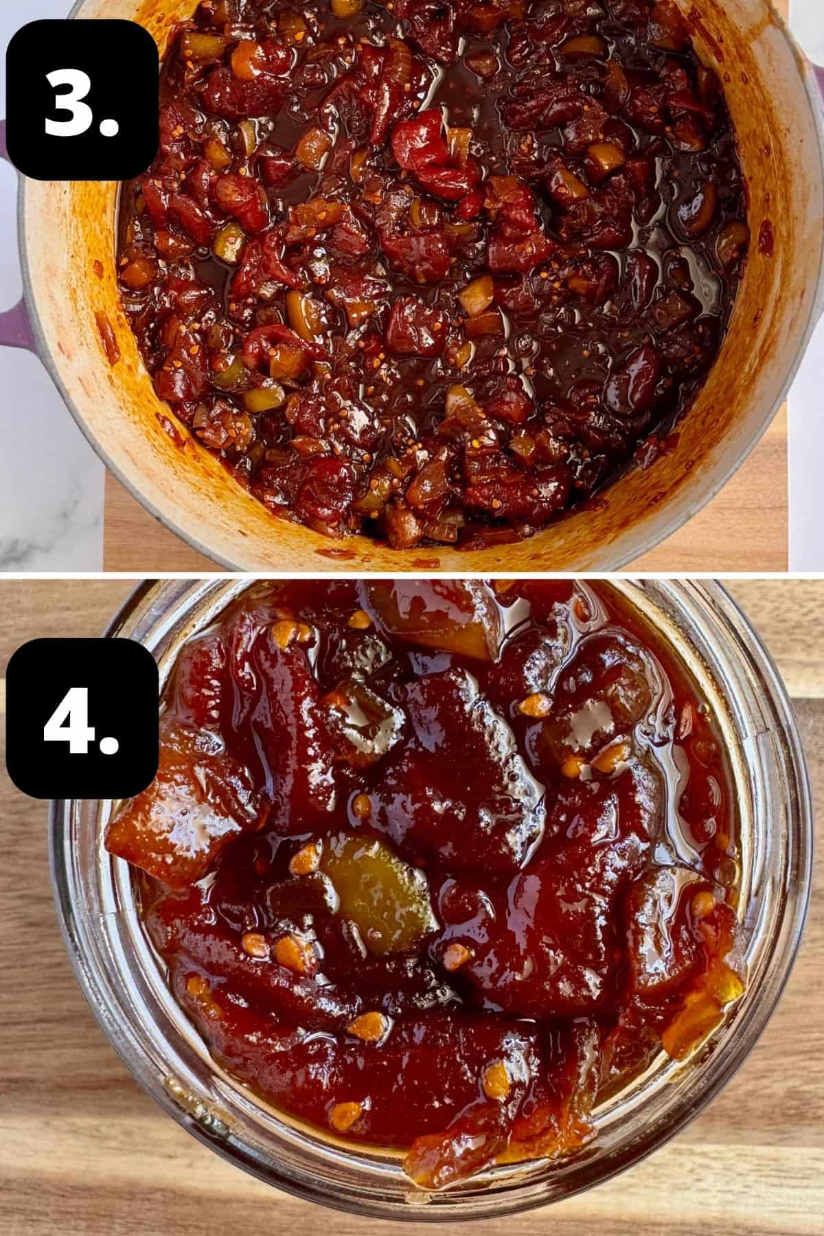 Steps 3-4 of preparing this recipe: the cooked chutney in the pot and the chutney in a jar ready for sealing.