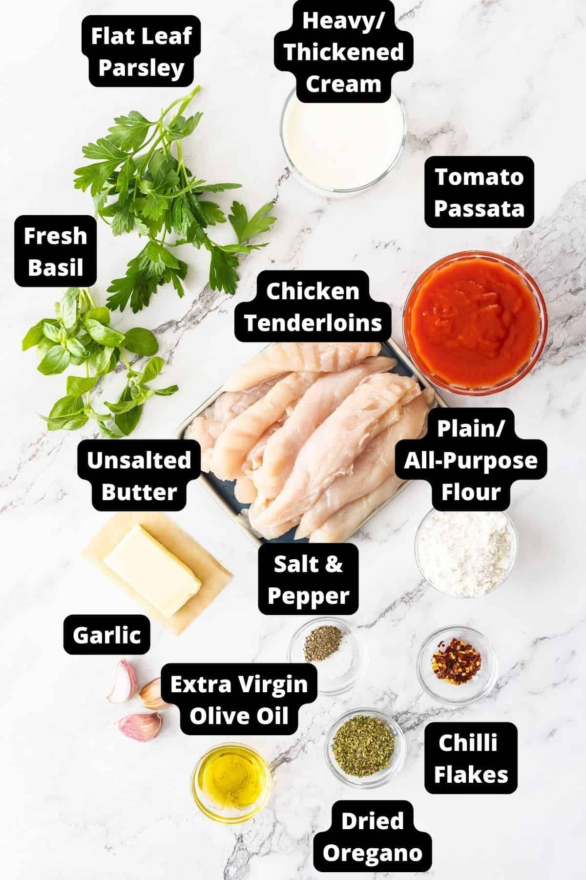 Ingredients in this recipe on a white marble background.