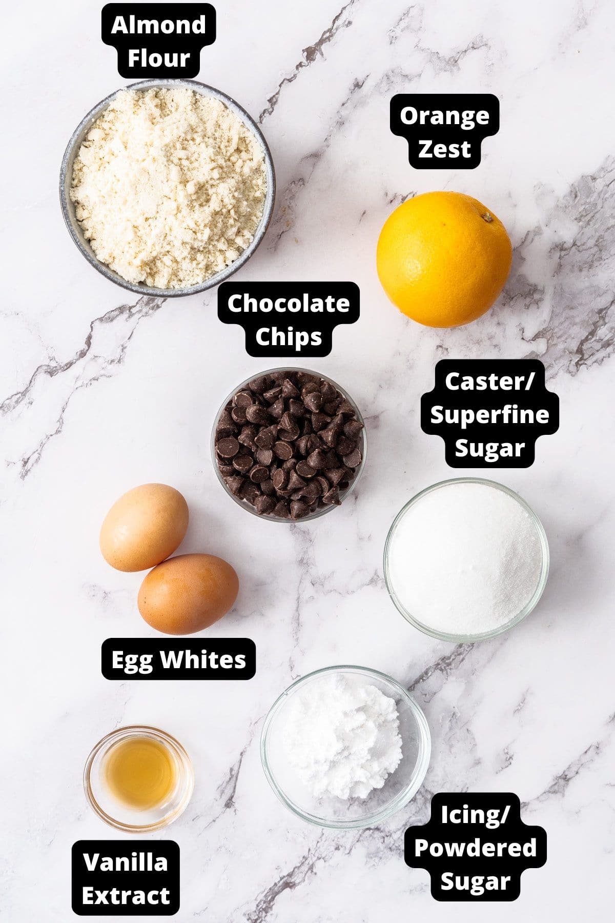 Ingredients in this recipe on a white marble background.