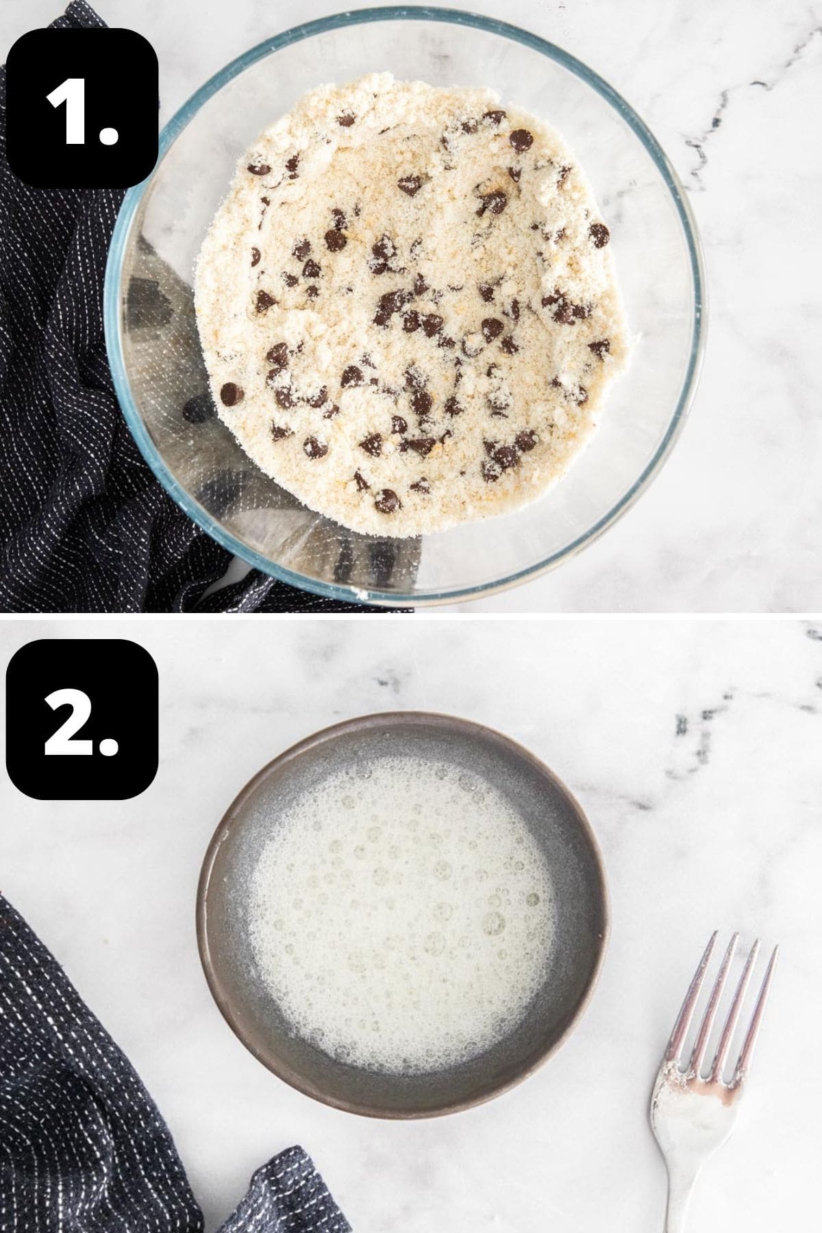 Steps 1-2 of preparing this recipe: the dried ingredients in a large bowl and a small bowl with the whisked egg whites.