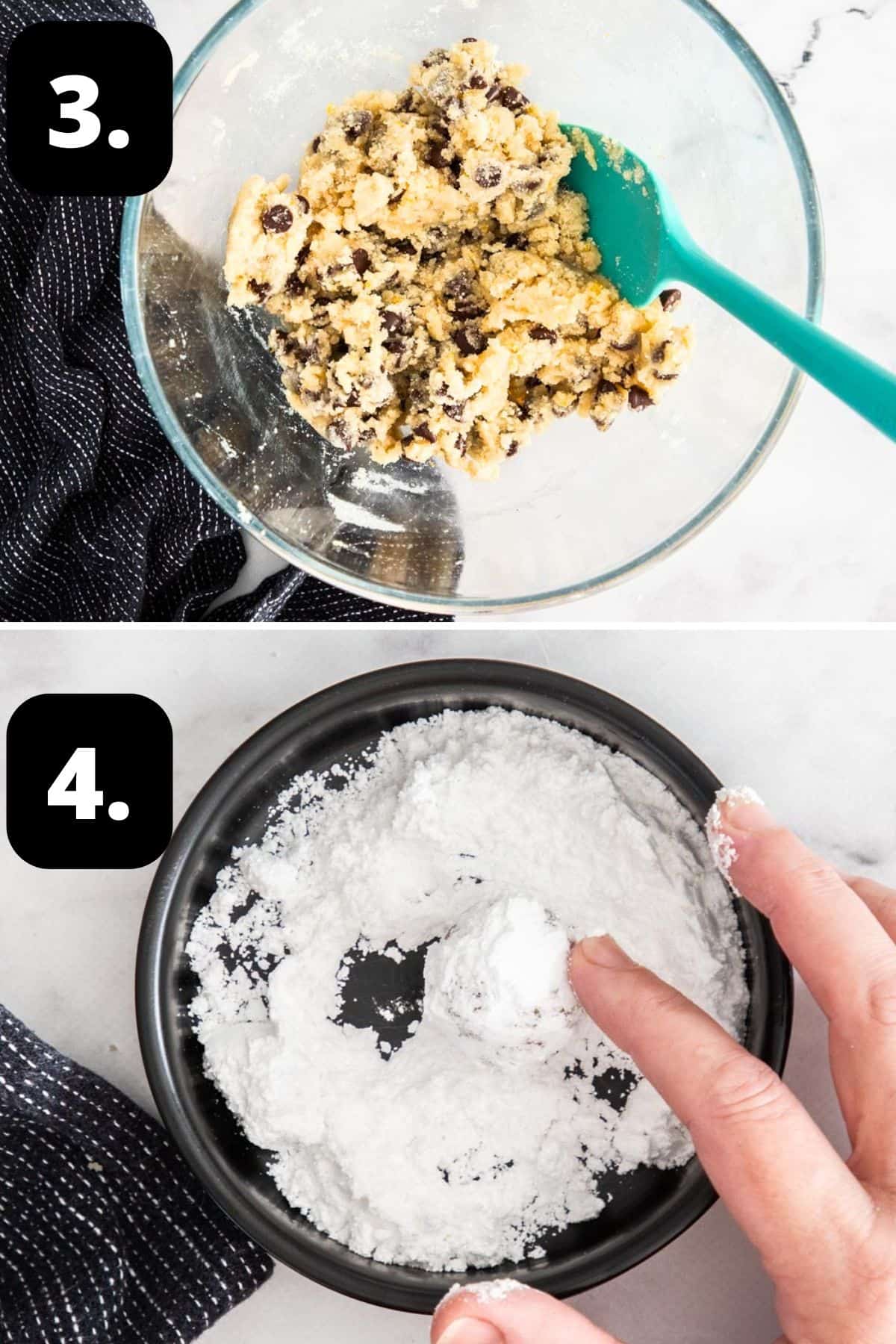 Steps 3-4 of preparing this recipe: the combined mixture in a large bowl and rolling the cookie balls in icing sugar.