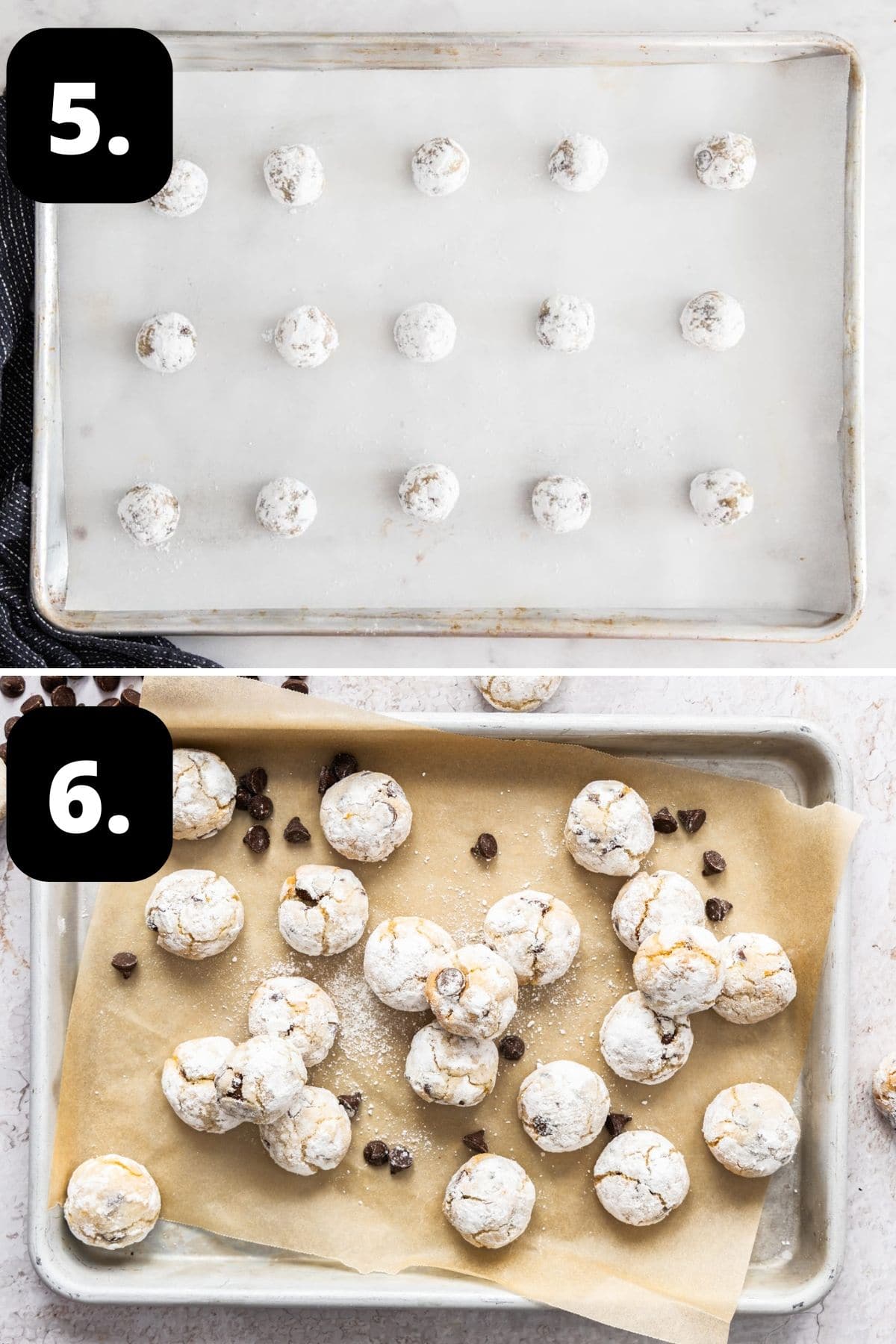 Steps 5-6 of preparing this recipe: the cookies on a baking tray ready for the oven and the baked cookies.