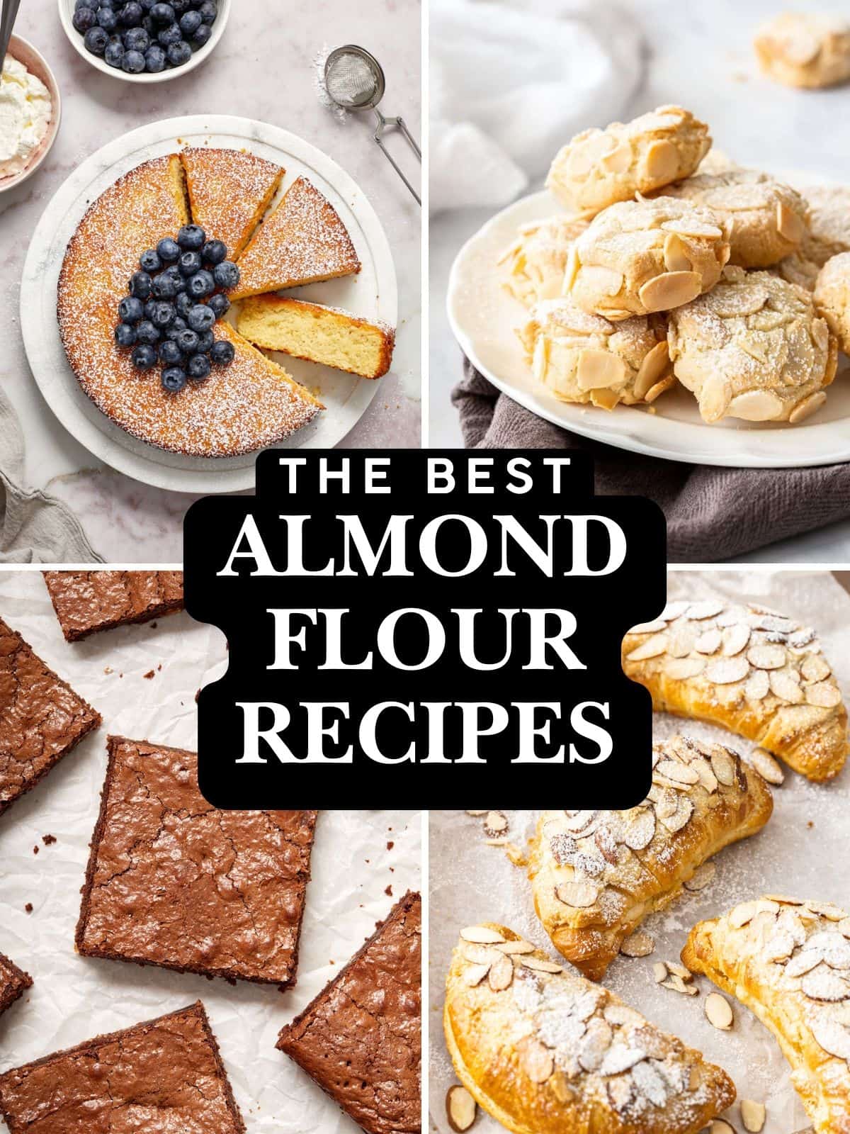 Photo collage of four almond flour recipes - cake, cookies, brownies and croissants.