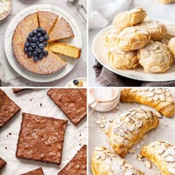 Photo collage of four almond flour recipes - cake, cookies, brownies and croissants.