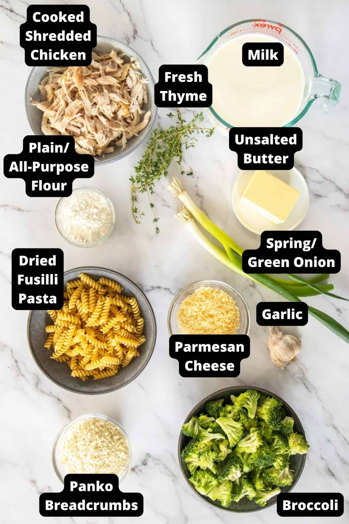 Ingredients in this recipe on a white marble background.