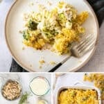Pinterest image with photos of Chicken and Broccoli Pasta Bake.
