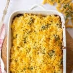 Pinterest image with photo of Chicken and Broccoli Pasta Bake.