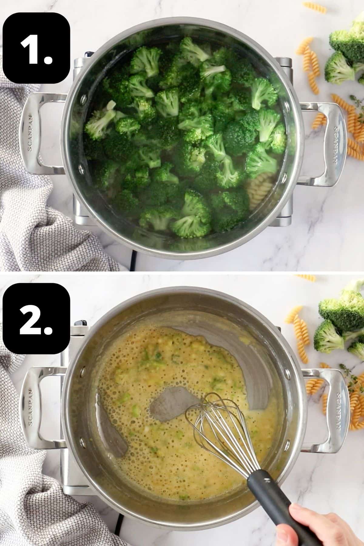 Steps 1-2 of preparing this recipe: cooking the pasta and broccoli and starting the sauce.