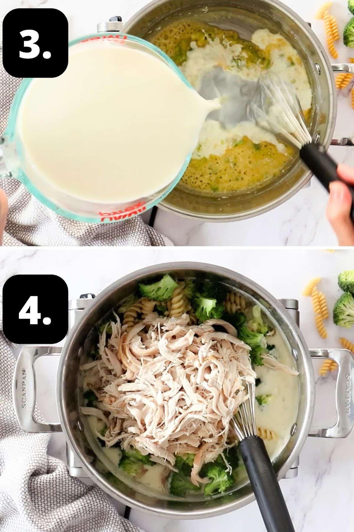 Steps 3-4 of preparing this recipe: adding the milk to the sauce and then the chicken, pasta and broccoli in the sauce.