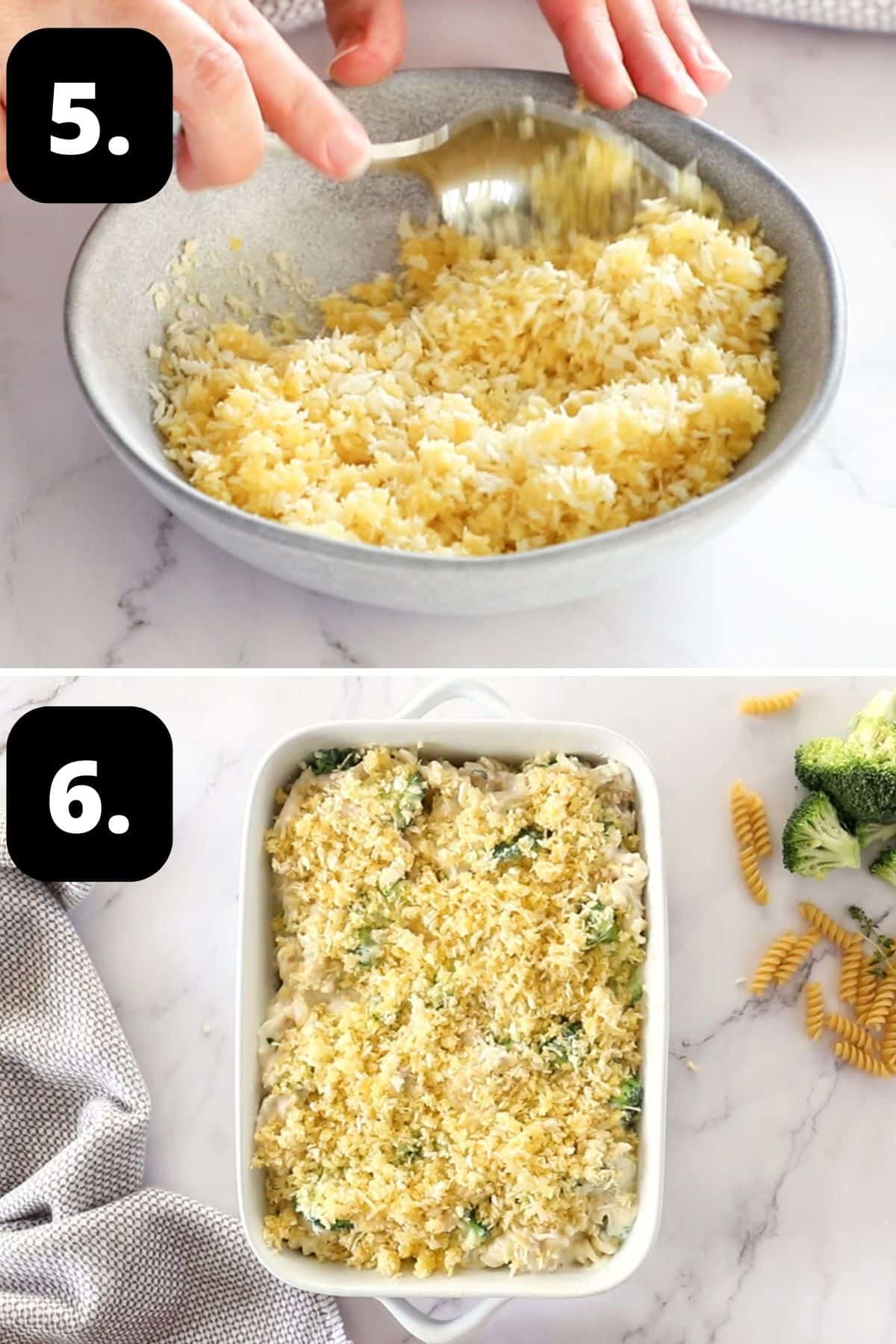 Steps 5-6 of preparing this recipe: making the bread crumb topping and the pasta dish ready for baking.