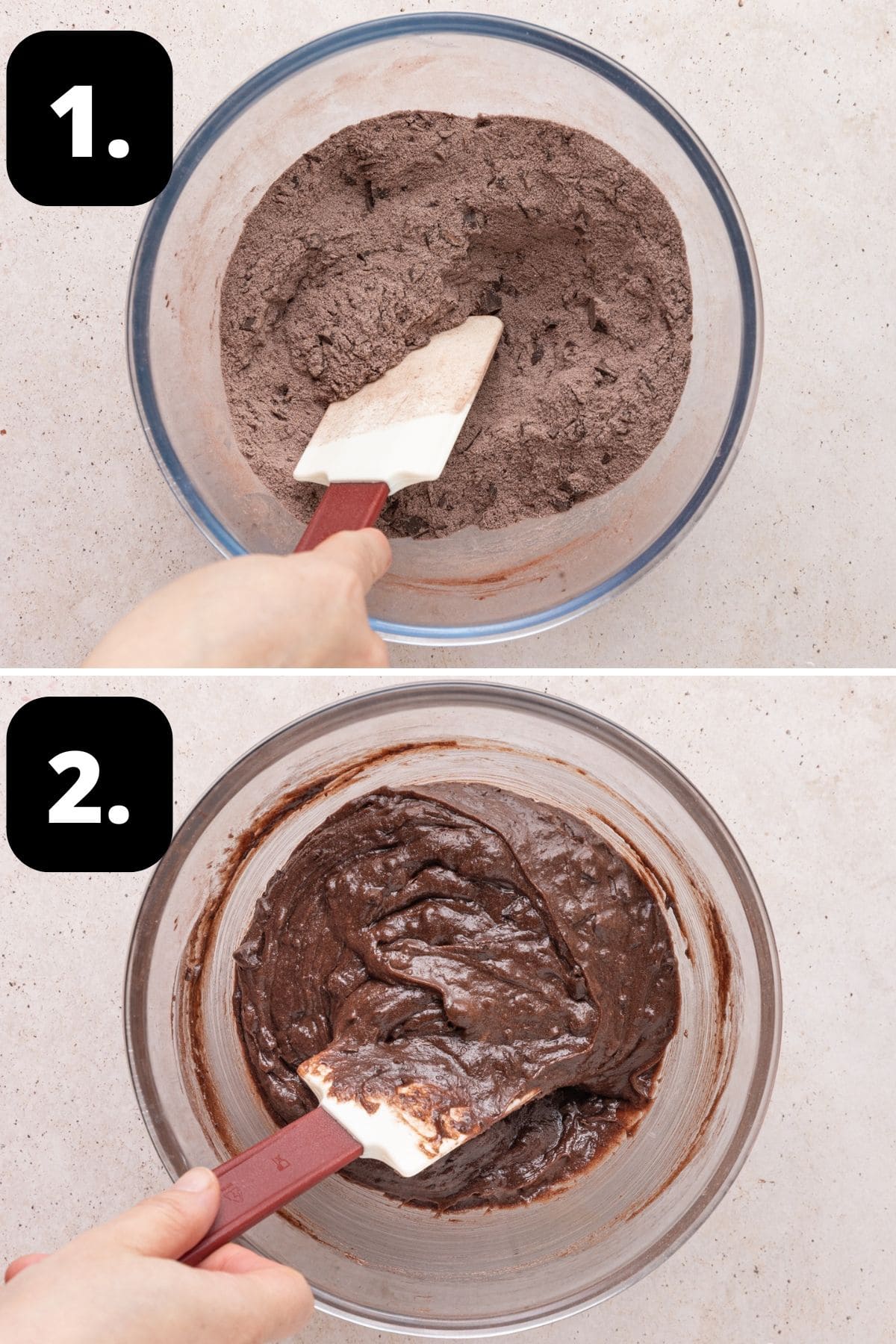 Steps 1-2 of preparing this recipe: the dry ingredients in a bowl and the mixture combined with the wet ingredients.