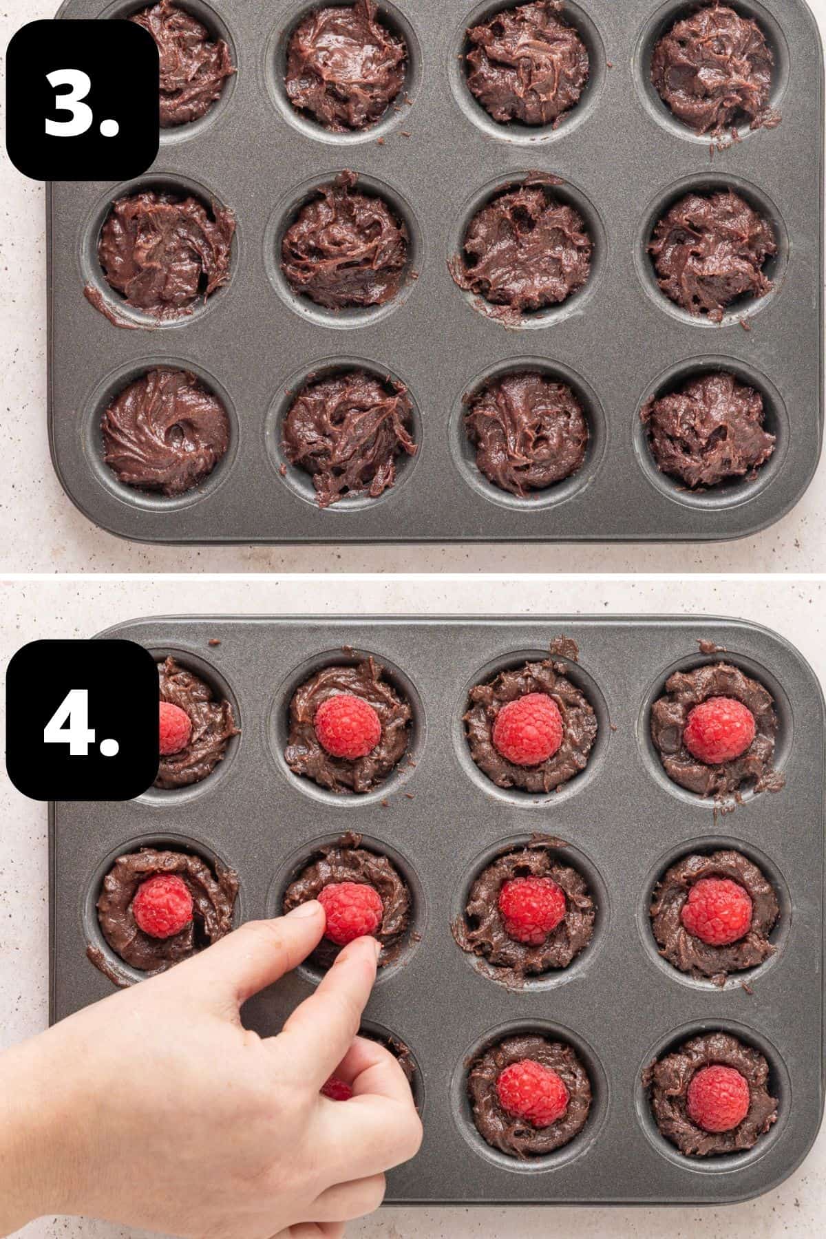 Steps 3-4 of preparing this recipe: the mixture in the mini muffin tins and topped with a fresh raspberry, ready for baking.