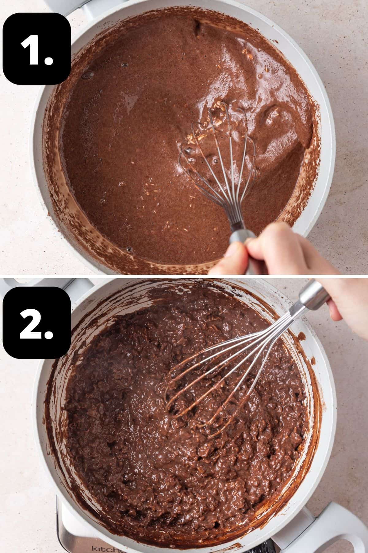Steps 1-2 of preparing this recipe: the ingredients in a pot being whisked and the cooked porridge ready to serve.