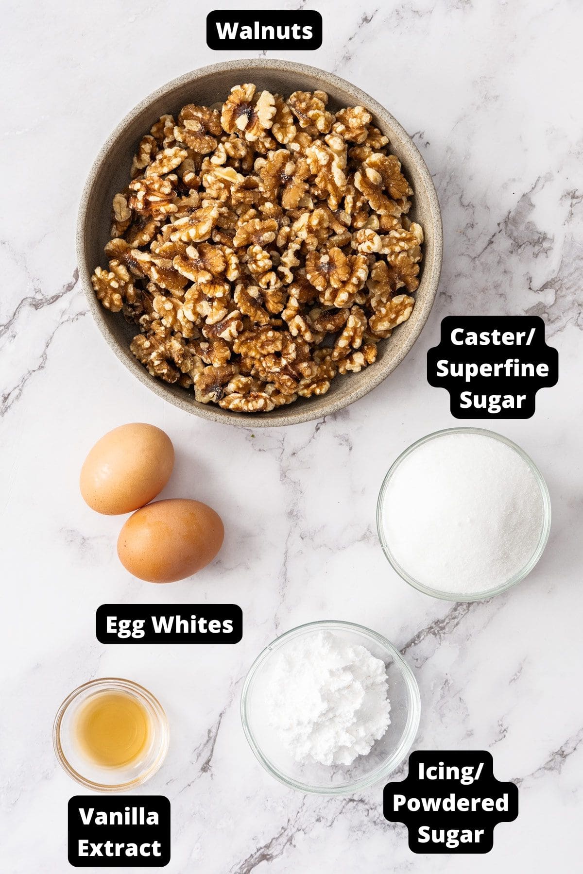 Ingredients in this recipe on a white marble background.