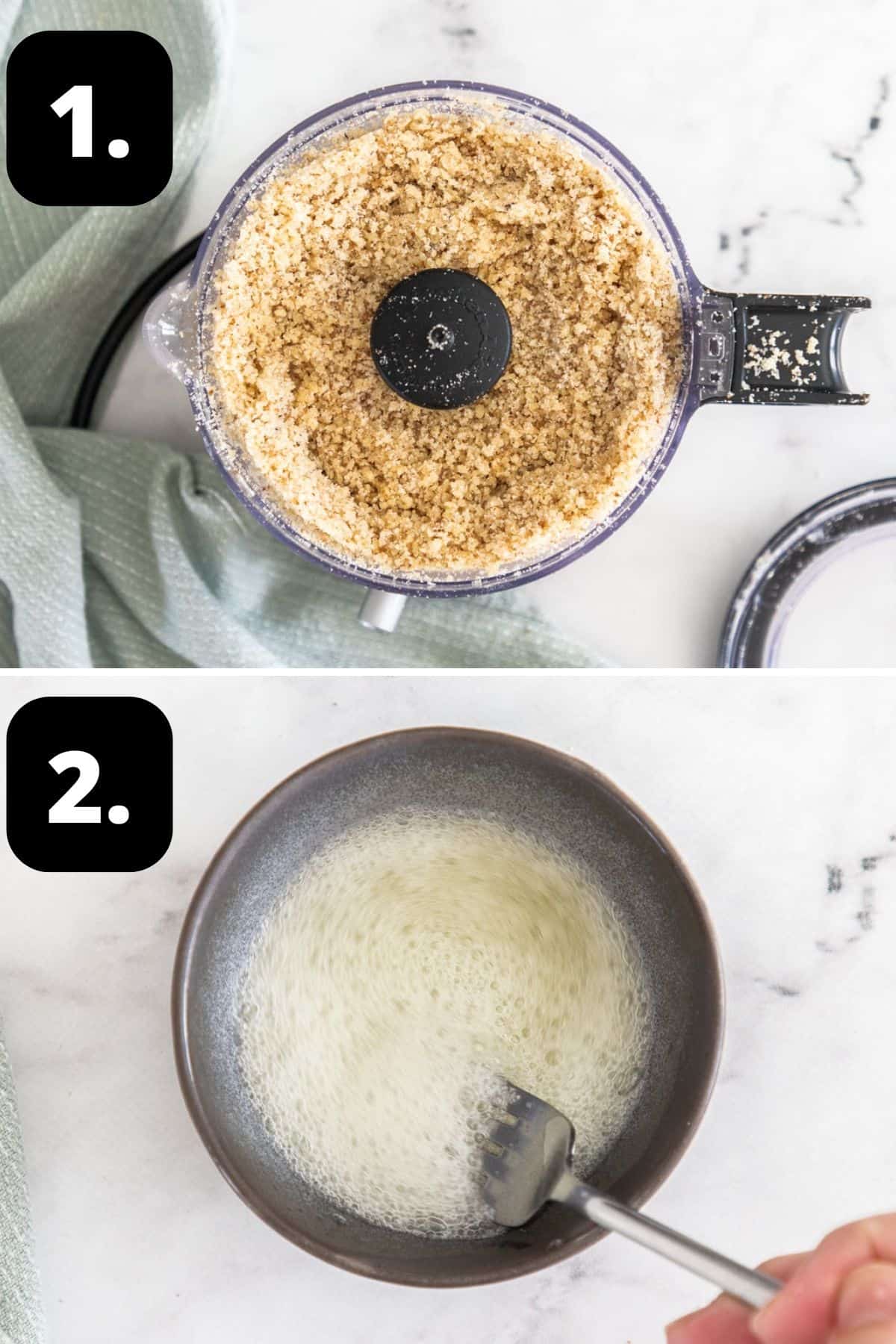 Steps 1-2 of preparing this recipe: grinding the nuts and sugar in a food processor and the whisked egg whites in small bowl.