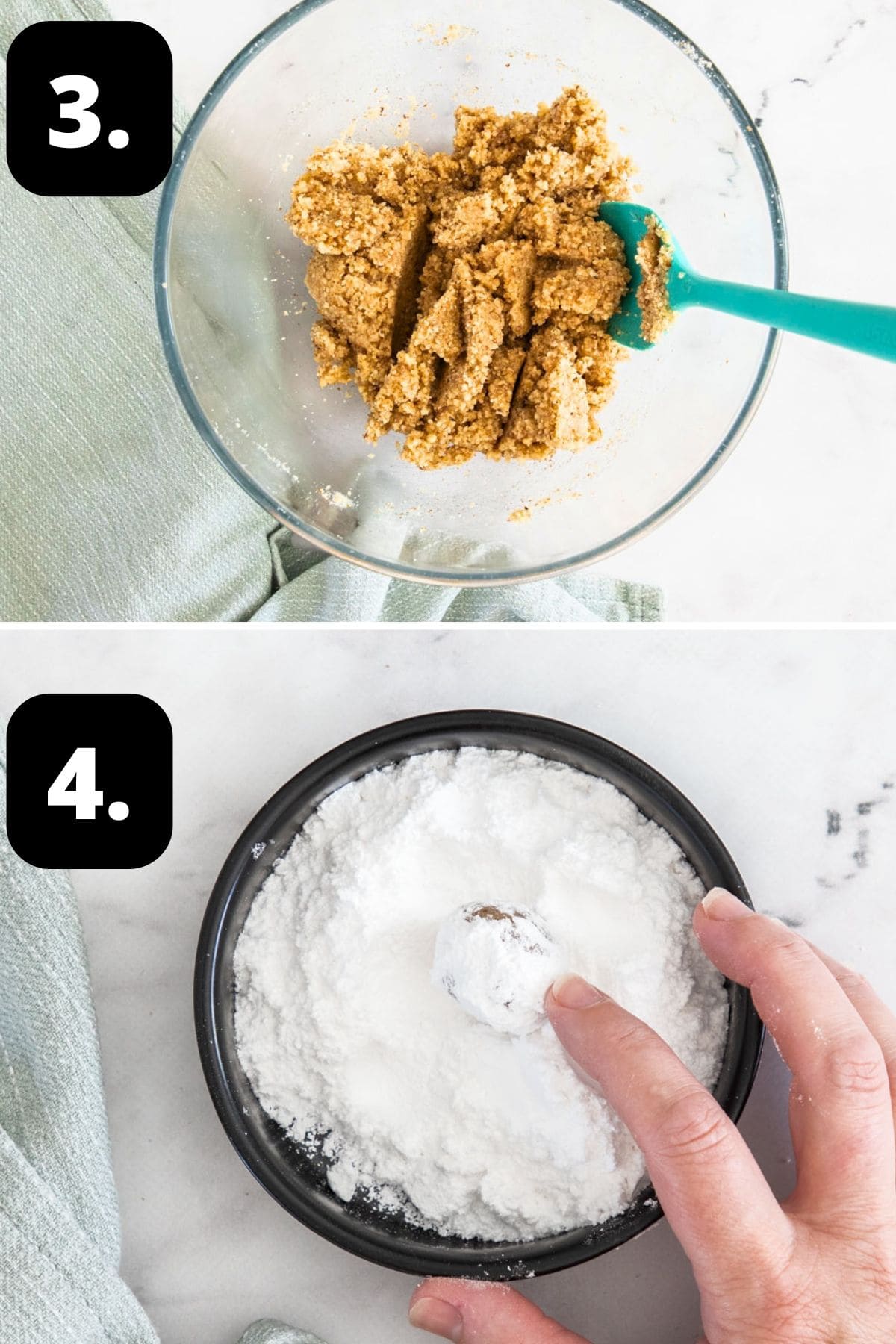 Steps 3-4 of preparing this recipe: the combined mixture in a large bowl and rolling the cookie balls in icing sugar.