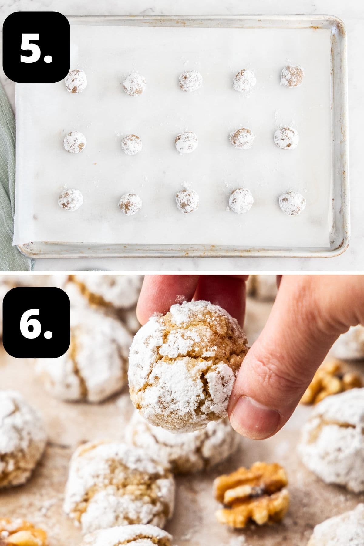 Steps 5-6 of preparing this recipe: the cookies on a baking tray ready for the oven and the baked cookies.