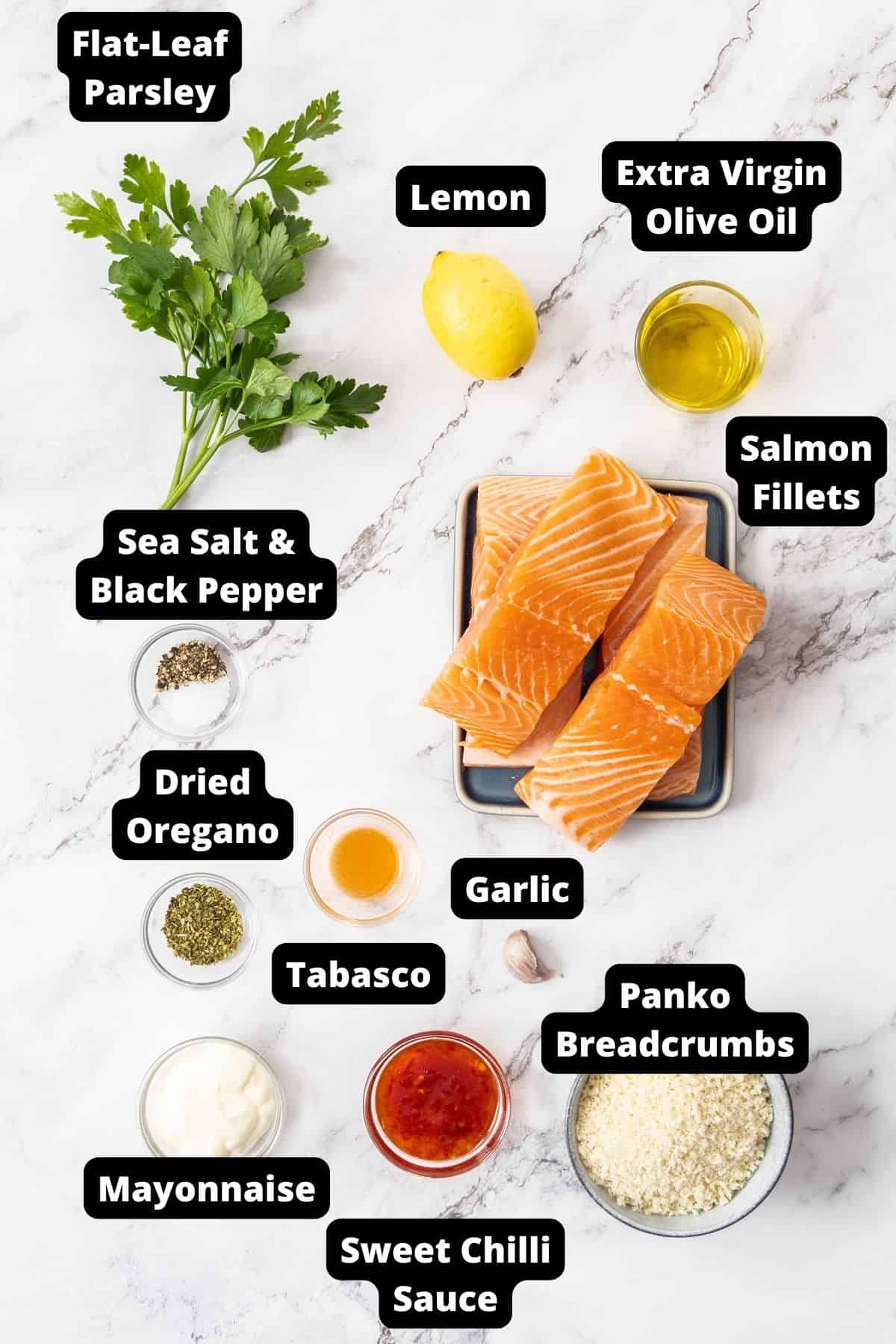 Ingredients in this recipe on a white marble background.