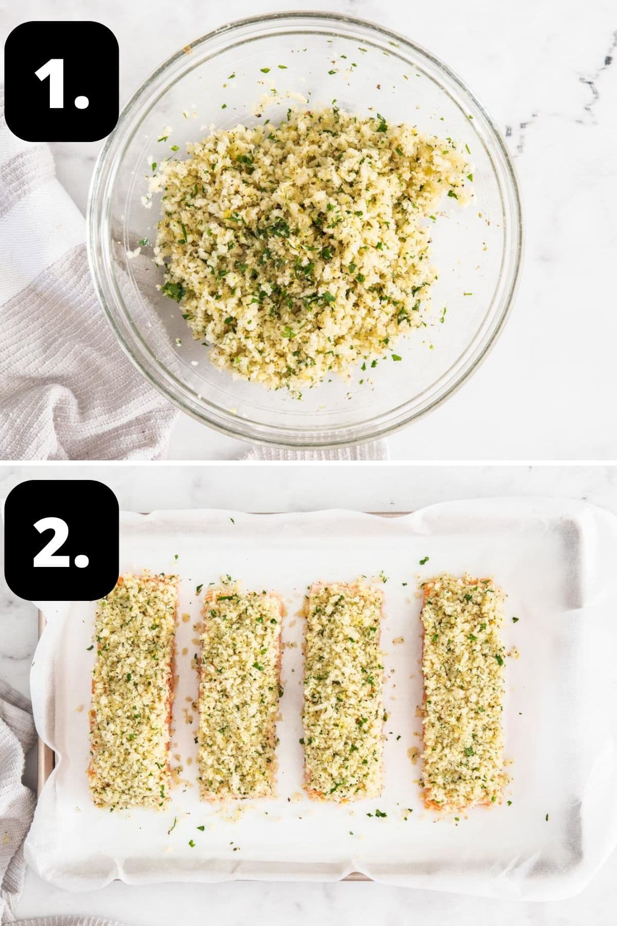 Steps 1-2 of preparing this recipe: the herb panko crumb in a bowl and the salmon fillets on a tray, topped with the crumb.