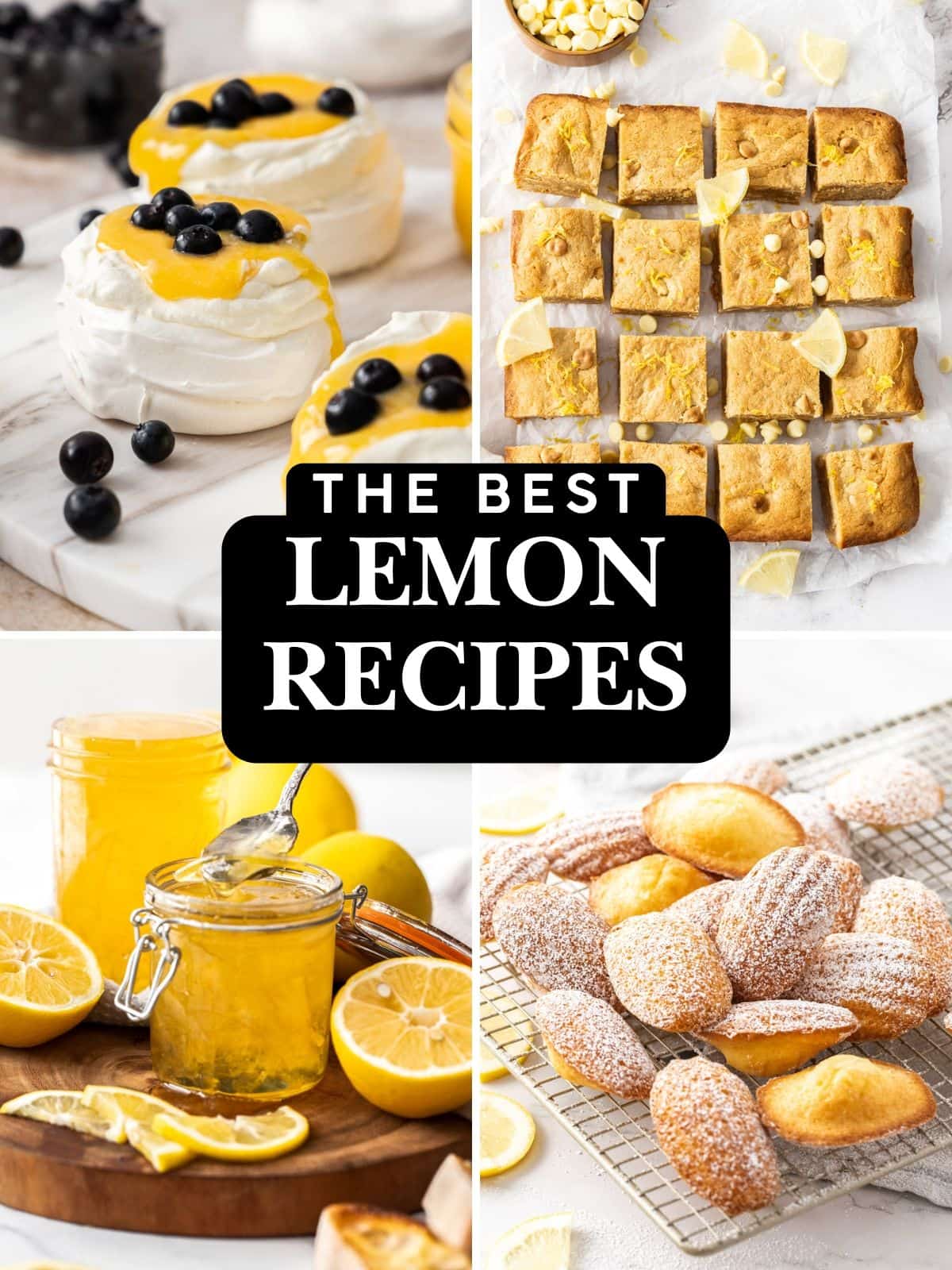 Photo collage of four lemon recipes - lemon curd meringues, blondies, marmalade and madeleines.