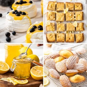 Photo collage of four lemon recipes - lemon curd meringues, blondies, marmalade and madeleines.